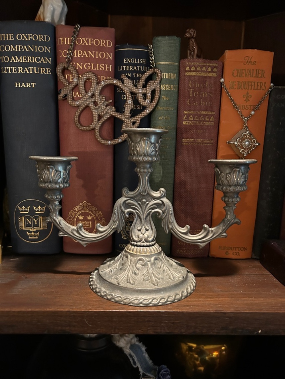 Vintage Baroque-Style Pewter Three-Arm Candelabra - Picture 6 of 6
